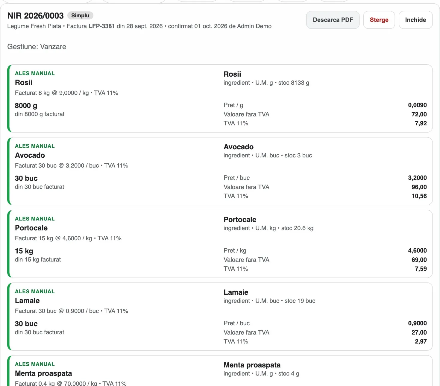 A goods receipt note generated from a supplier e-invoice, with prices and VAT on every line