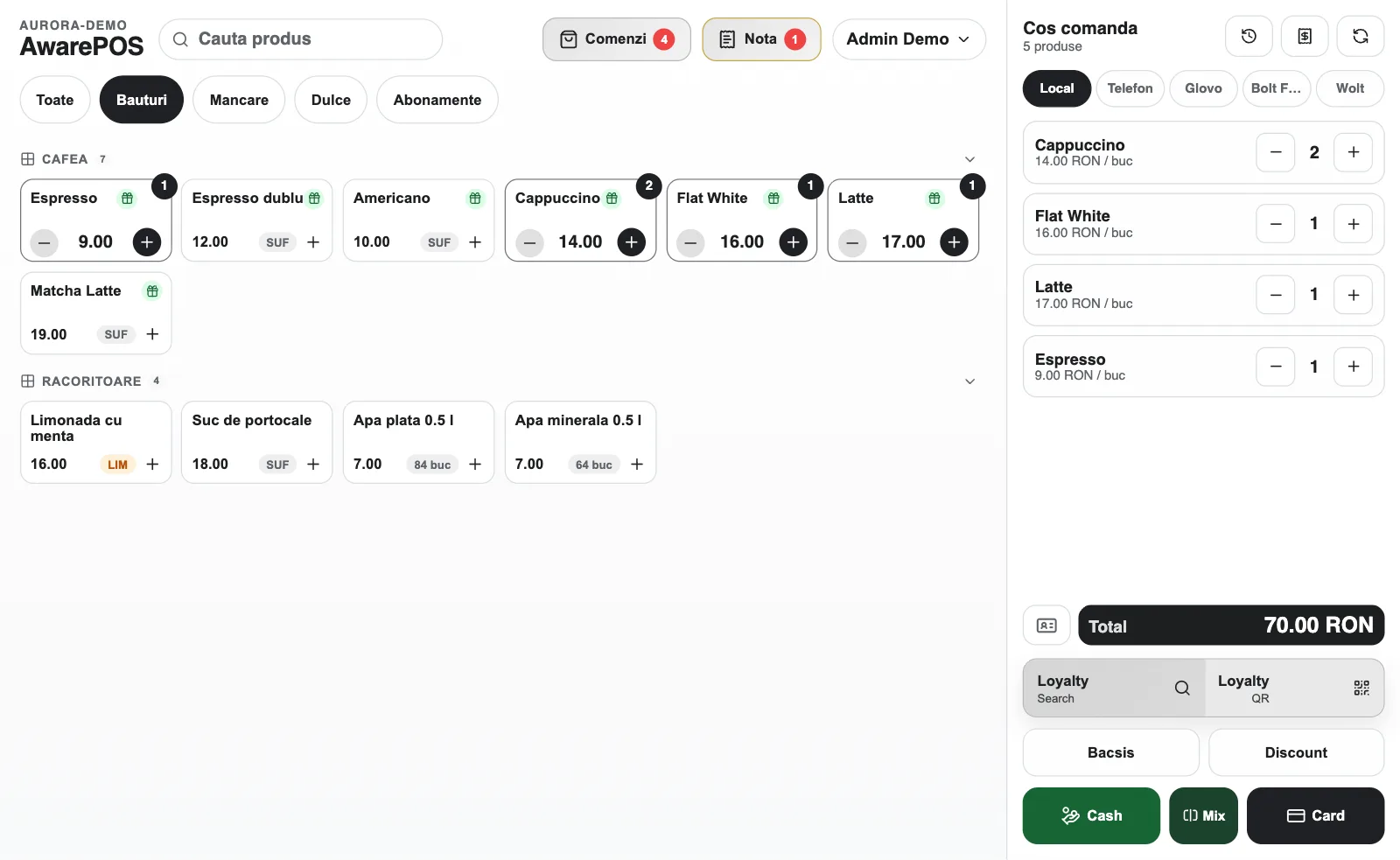 The AwarePOS terminal with items in the cart and the In-house, Glovo, Bolt Food and Wolt sources